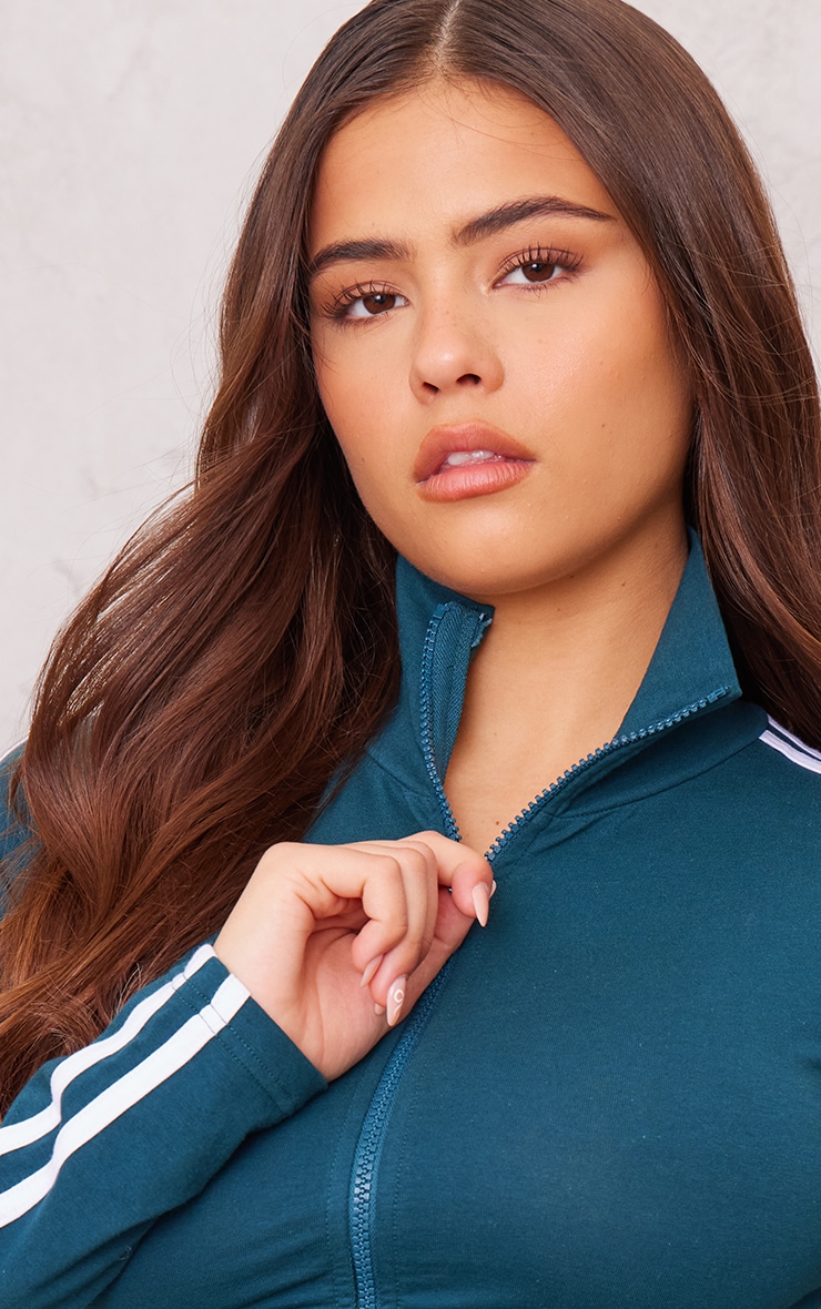 Green Jersey Zip Through Contrast Piping Long Sleeve Top image 4