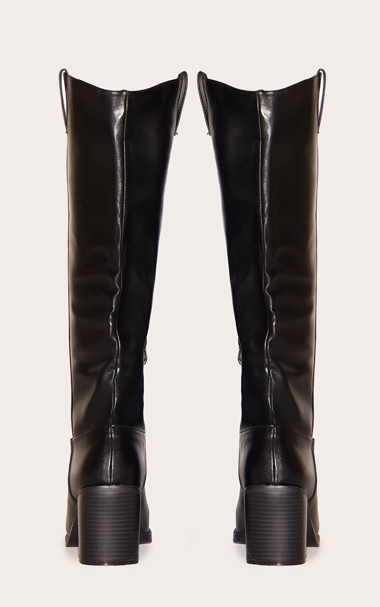Black PU Square Toe Knee High Block Heeled Western Boots image 3