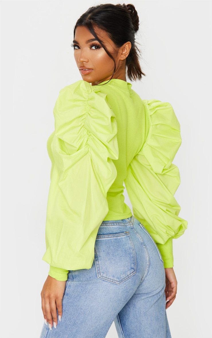 Lime Green Pleated Sleeve Jersey Rib Top image 2