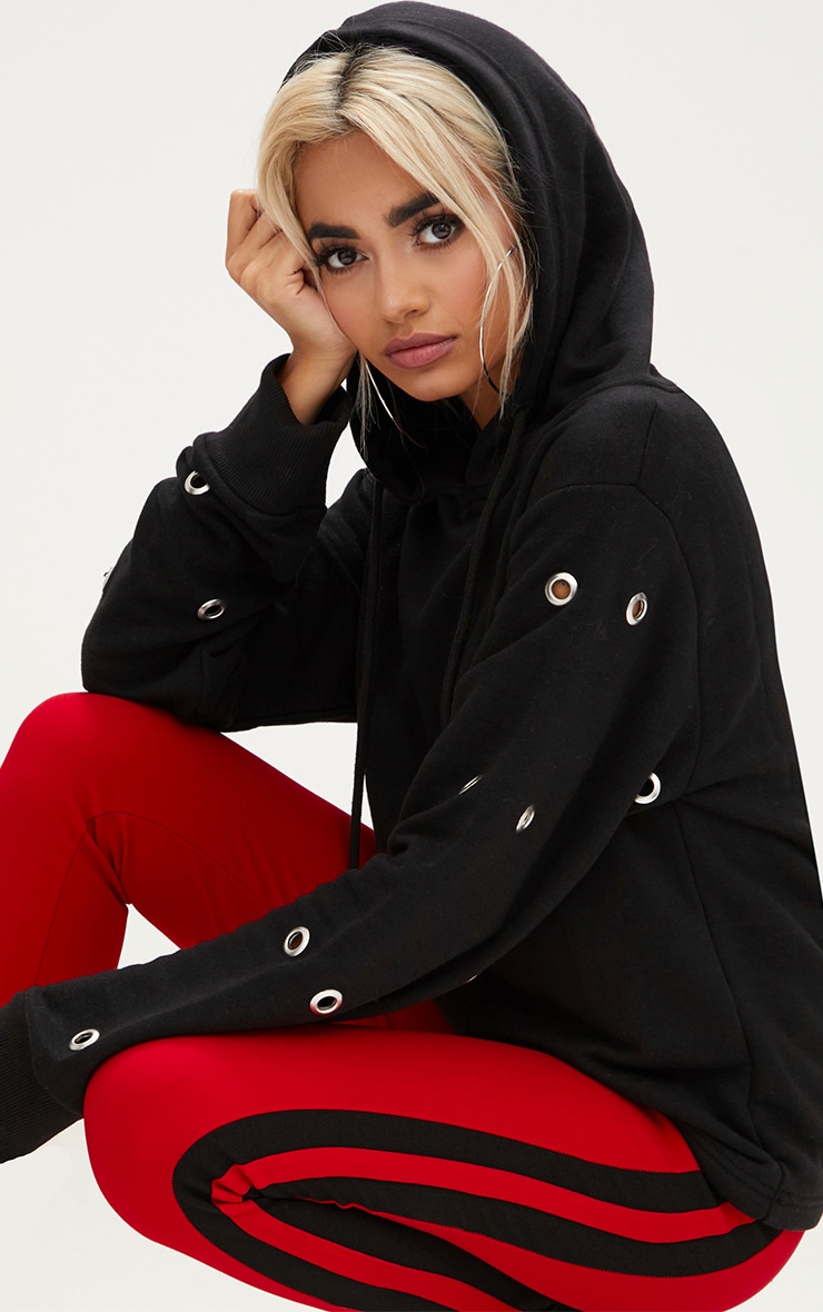 Black Eyelet Cropped Hoodie Tops PrettyLittleThing