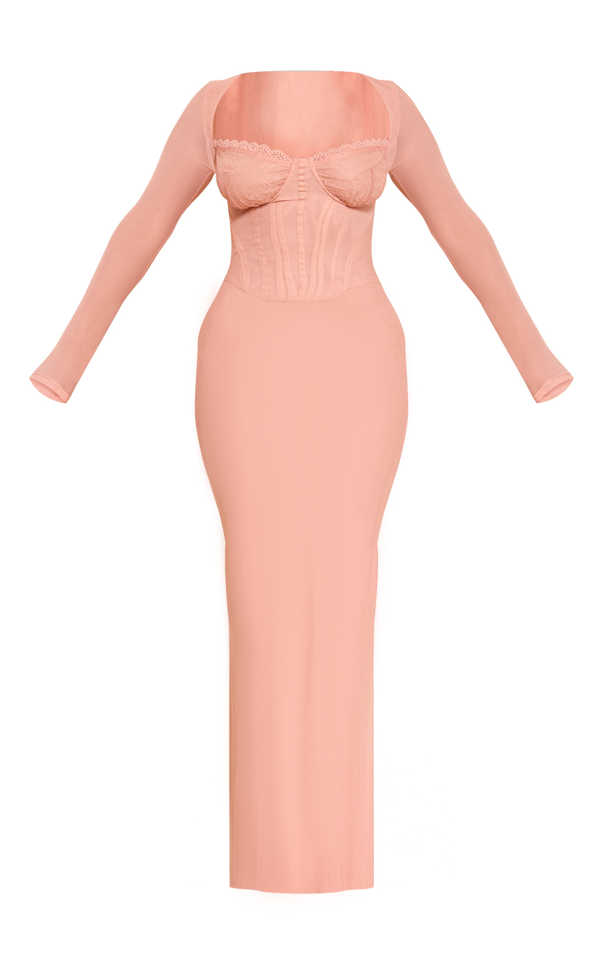 Shape Peach Mesh Lace Insert Corseted Maxi Dress