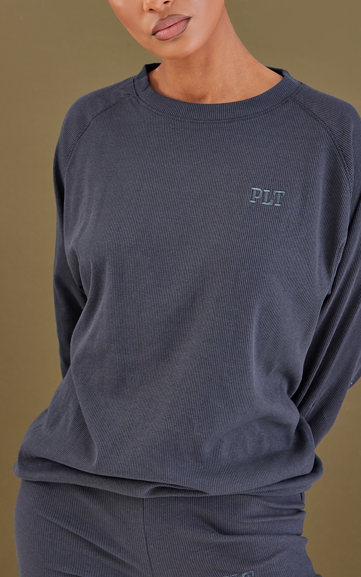 PRETTYLITTLETHING Charcoal Embroidered Ribbed Sweater image 4