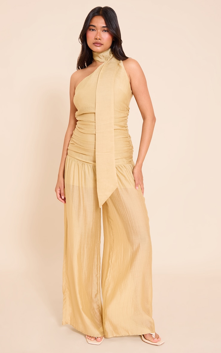 Mustard Textured One Shoulder Scarf Detail Jumpsuit image 1