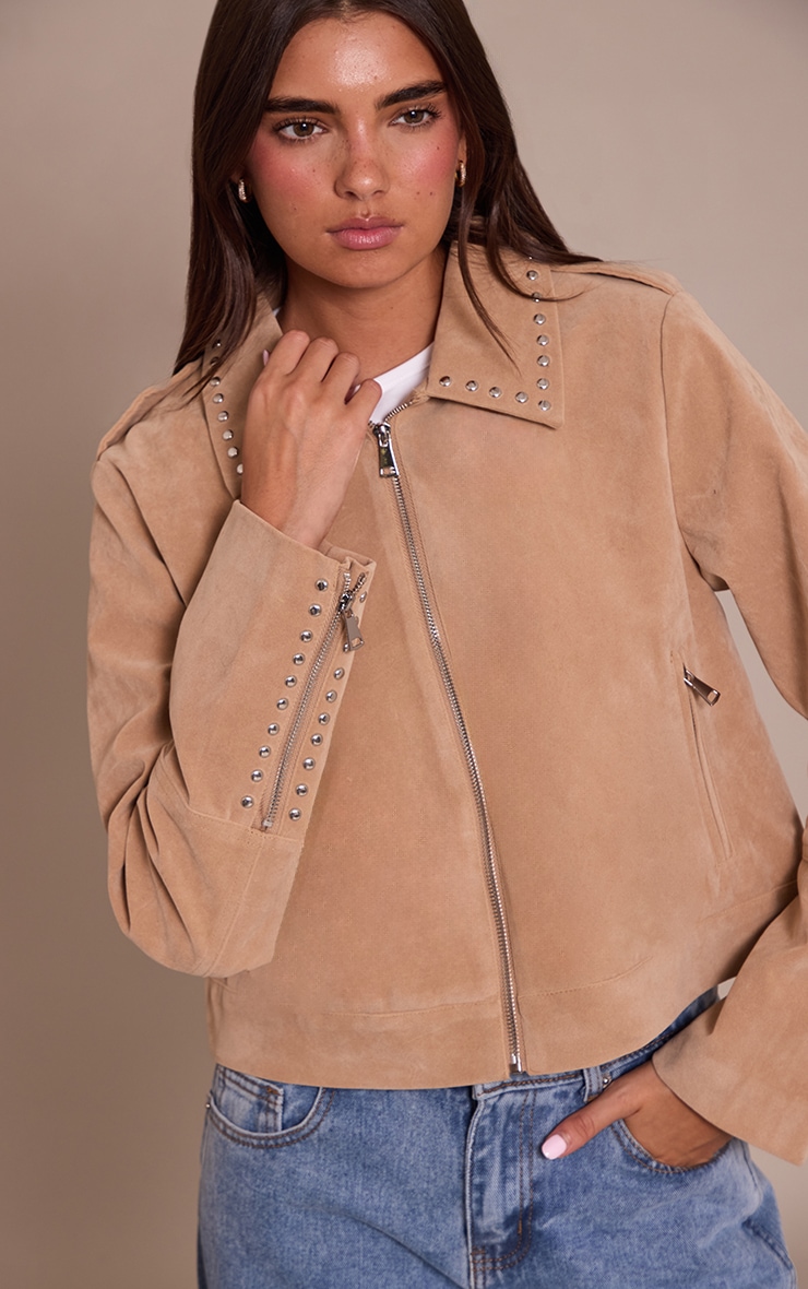 Sand Studded Detail Faux Suede Zip Up Jacket image 4
