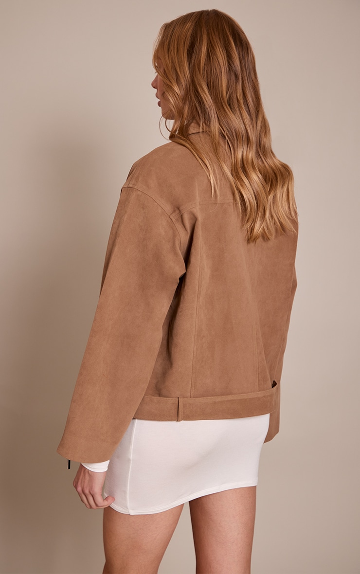 Camel Faux Suede Oversized Biker Jacket image 2