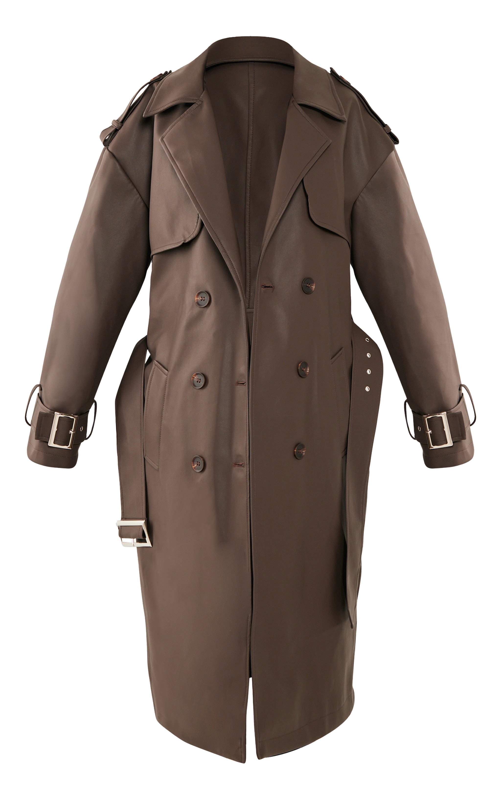 Petite Chocolate Faux Leather Buckle Trench Coat image 5