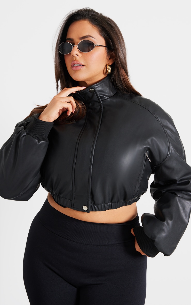 Plus Black Faux Leather Pocket Detail Crop Bomber Jacket image 1