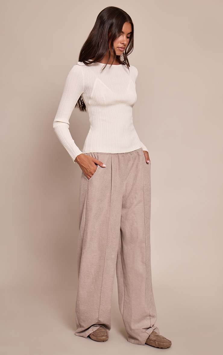 Cream Fine Knit Boat Neck Rib Knit Top image 3