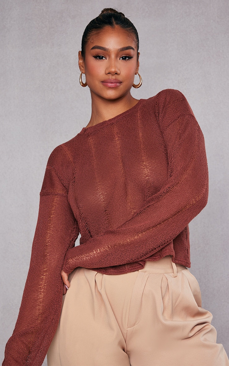 Espresso Ladder Detail Oversize Long Sleeve Top image 1