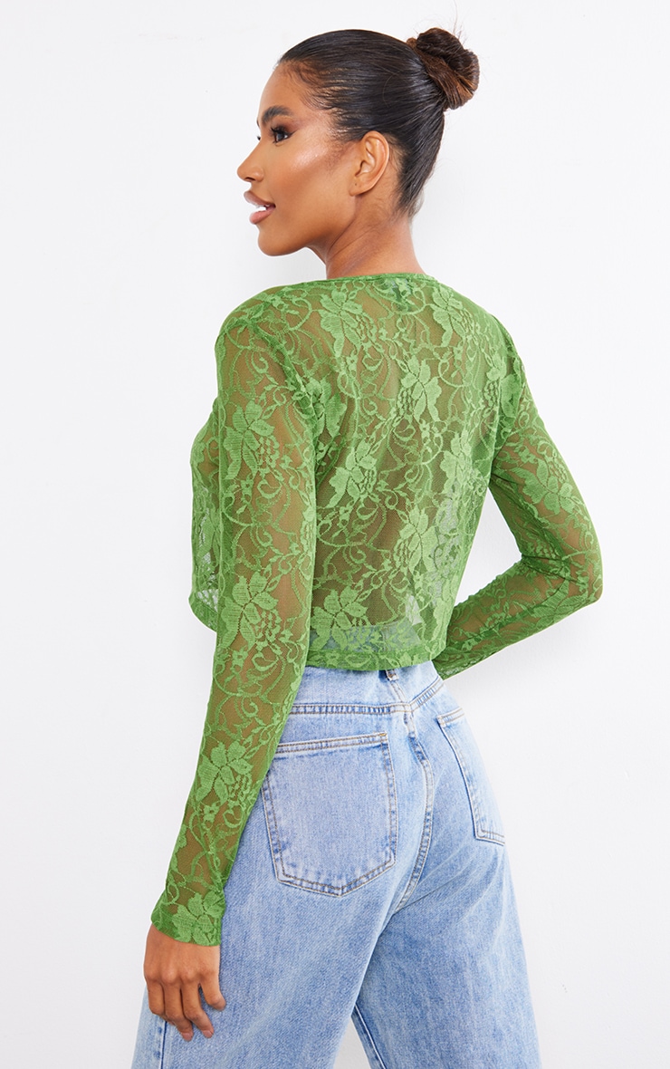  Khaki Lace Tie Crop Top image 2