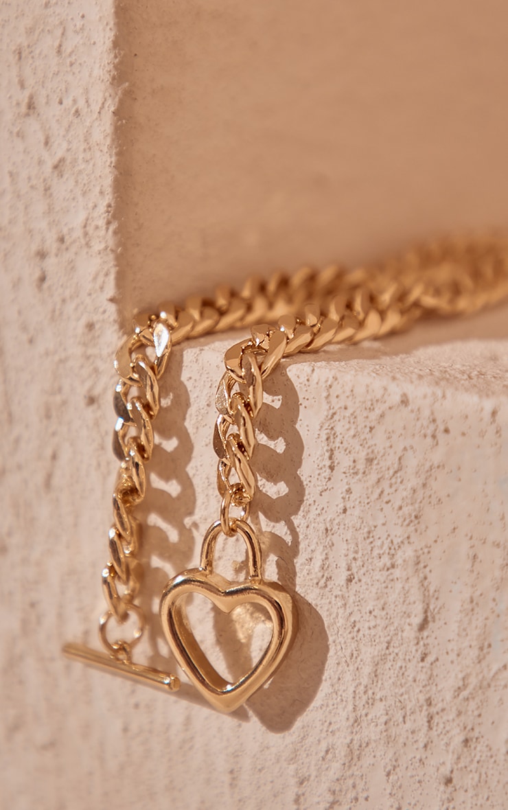 Gold Heart T Bar Chunky Chain Necklace Accessories PLT
