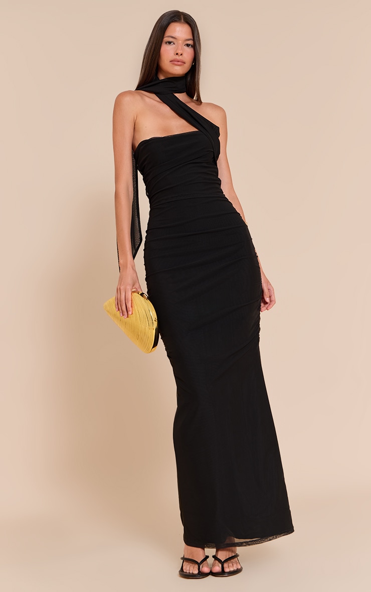 Black Mesh Over Lay Scarf Detail Maxi Dress image 3