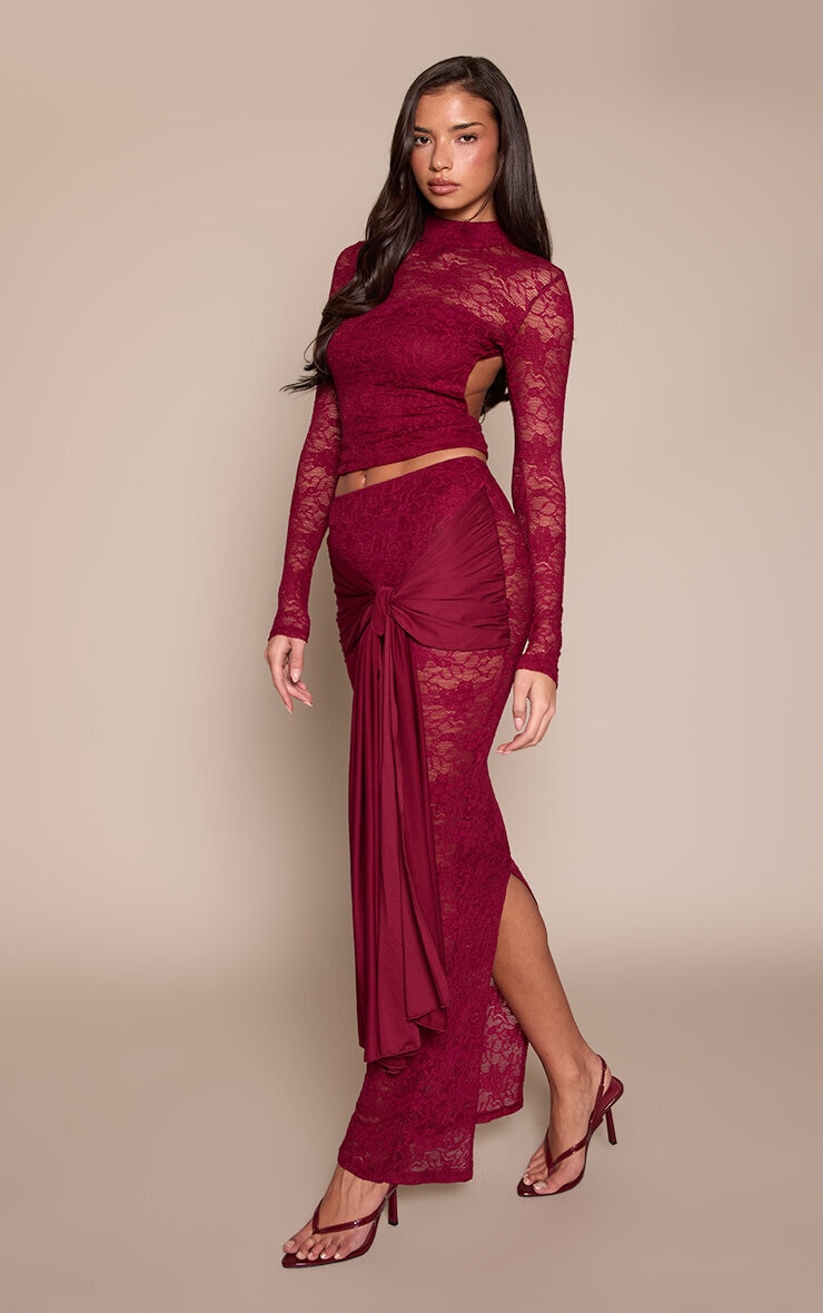 Wine Lace Slinky Drape Maxi Skirt image 2