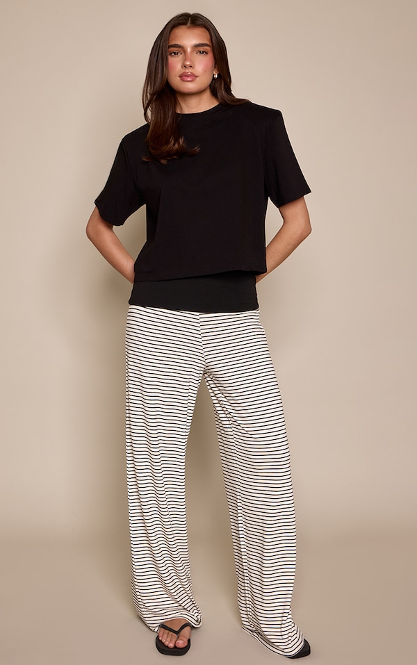 Black Striped Contrast Waistband Soft Jersey Wide Leg Pants