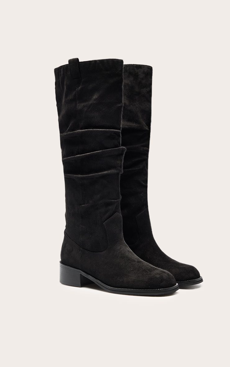  Black Faux Suede Low Heeled Ruched Knee High Boot image 3
