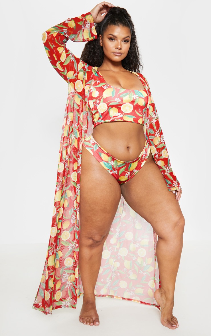 PLT Plus - Kimono de plage rouge à imprimé citron