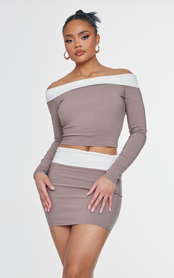 Taupe Stretch Woven Fold Over Detail Bardot Long Sleeved Top