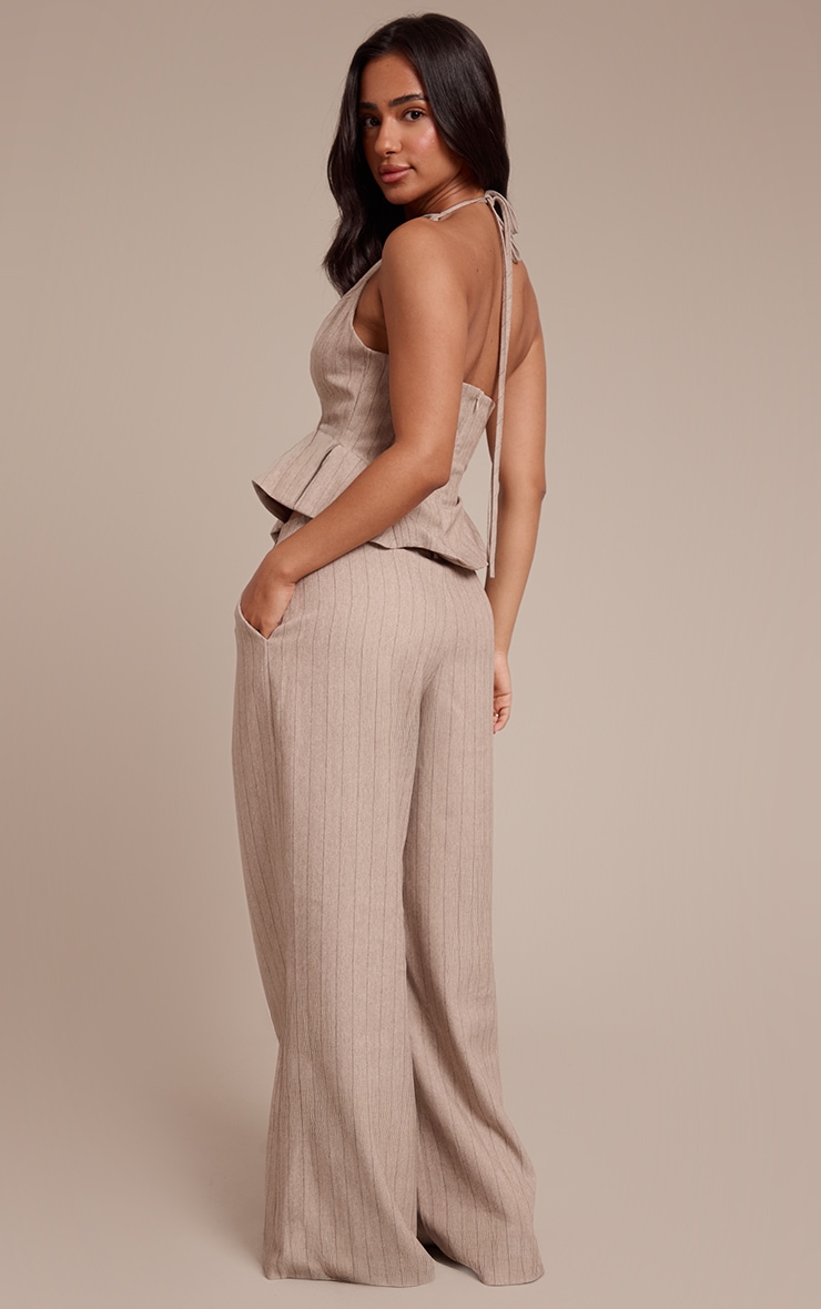 Petite Beige Pinstripe Wide Leg Tailored Pants image 3