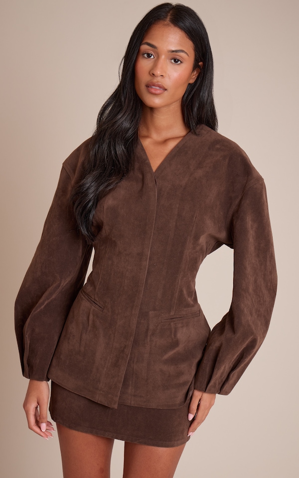 Tall Dark Brown Suede Collarless Cocoon Sleeve Blazer