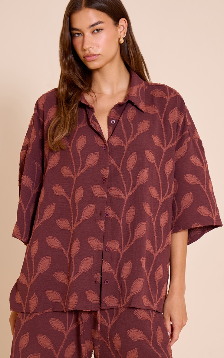 Plum Embroidered Floral Oversized Short Sleeve Shirt image 1