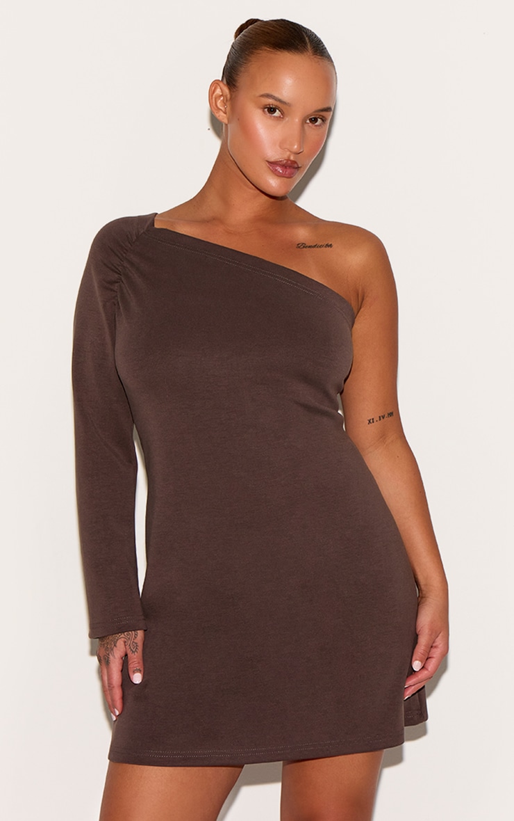 Plus Chocolate Modal One Shoulder Ruched Bodycon Mini Dress image 1