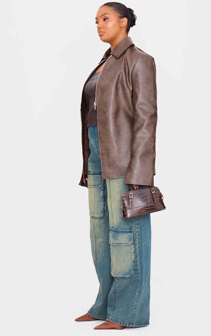 Plus Veste en PU marron délavé à col replié oversize et ourlet fendu image 3