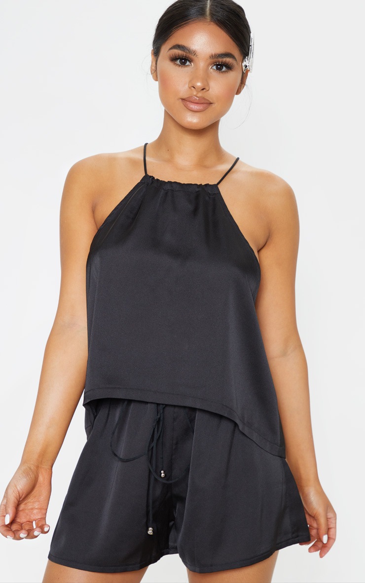 Petite Black Satin Floaty Tie Back Top
