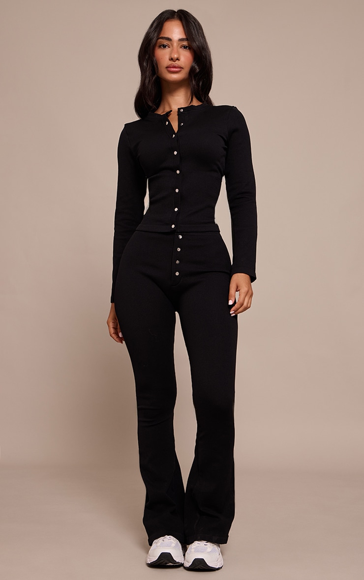 Petite Black Snatched Rib Long Sleeve Button Up Long Top image 3