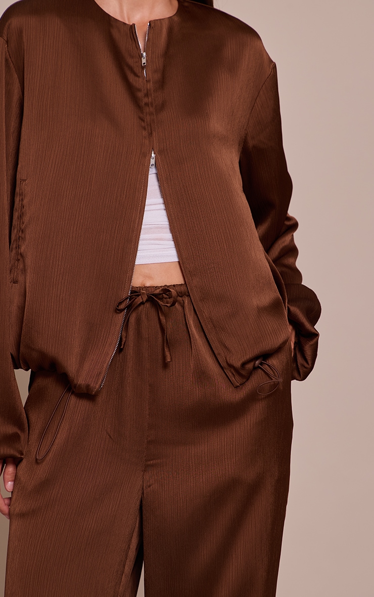 Dark Brown Textured Satin Drawstring Straight Leg Pant image 4
