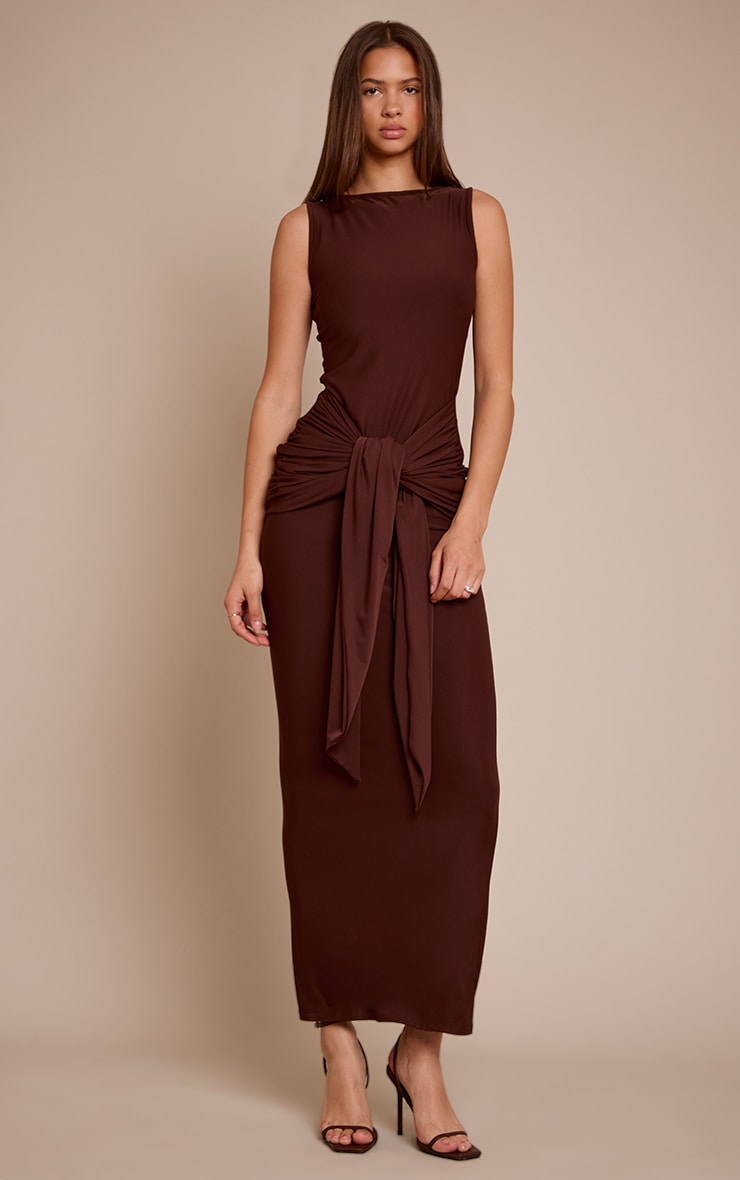 Chocolate Jersey Boat Neck Wrap Detail Maxi Dress image 1