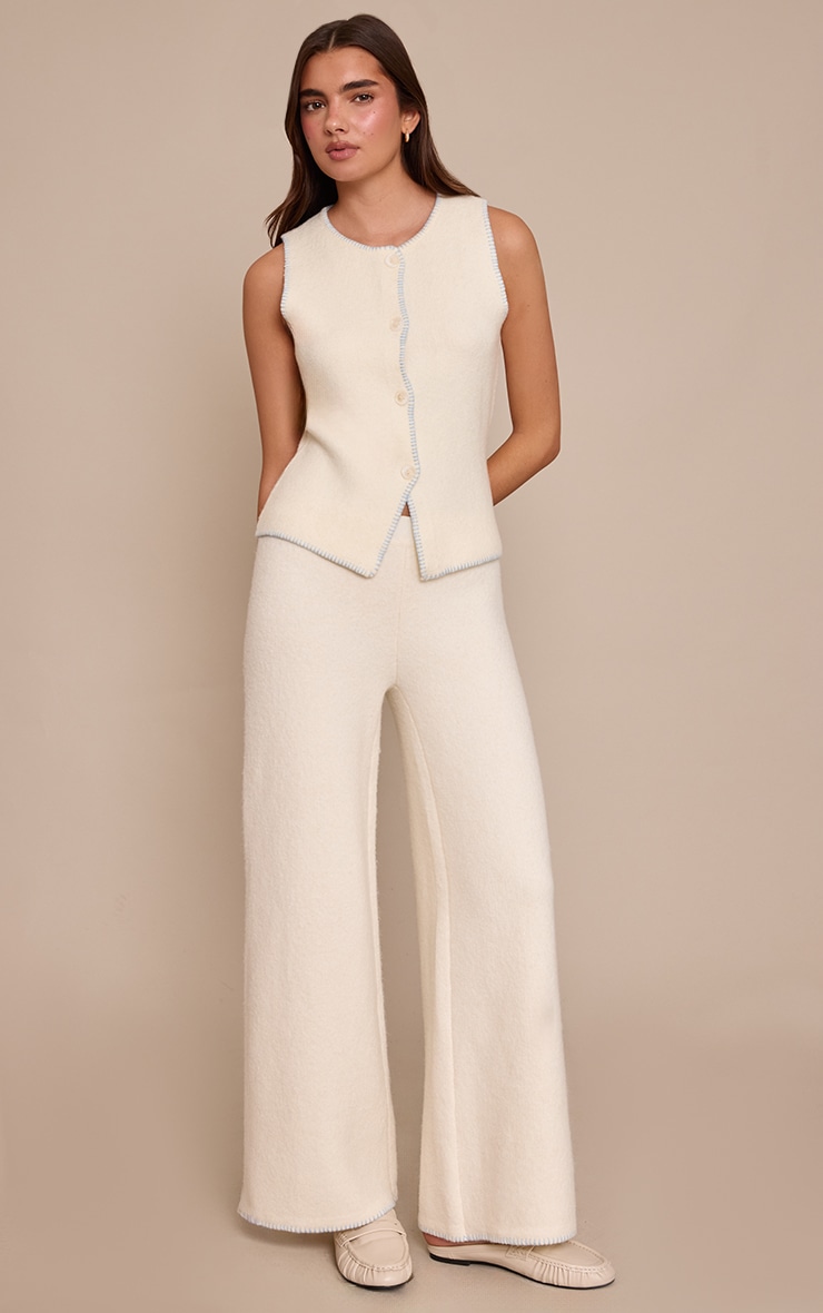 Cream Blanket Stitch Wide Leg Trousers image 1