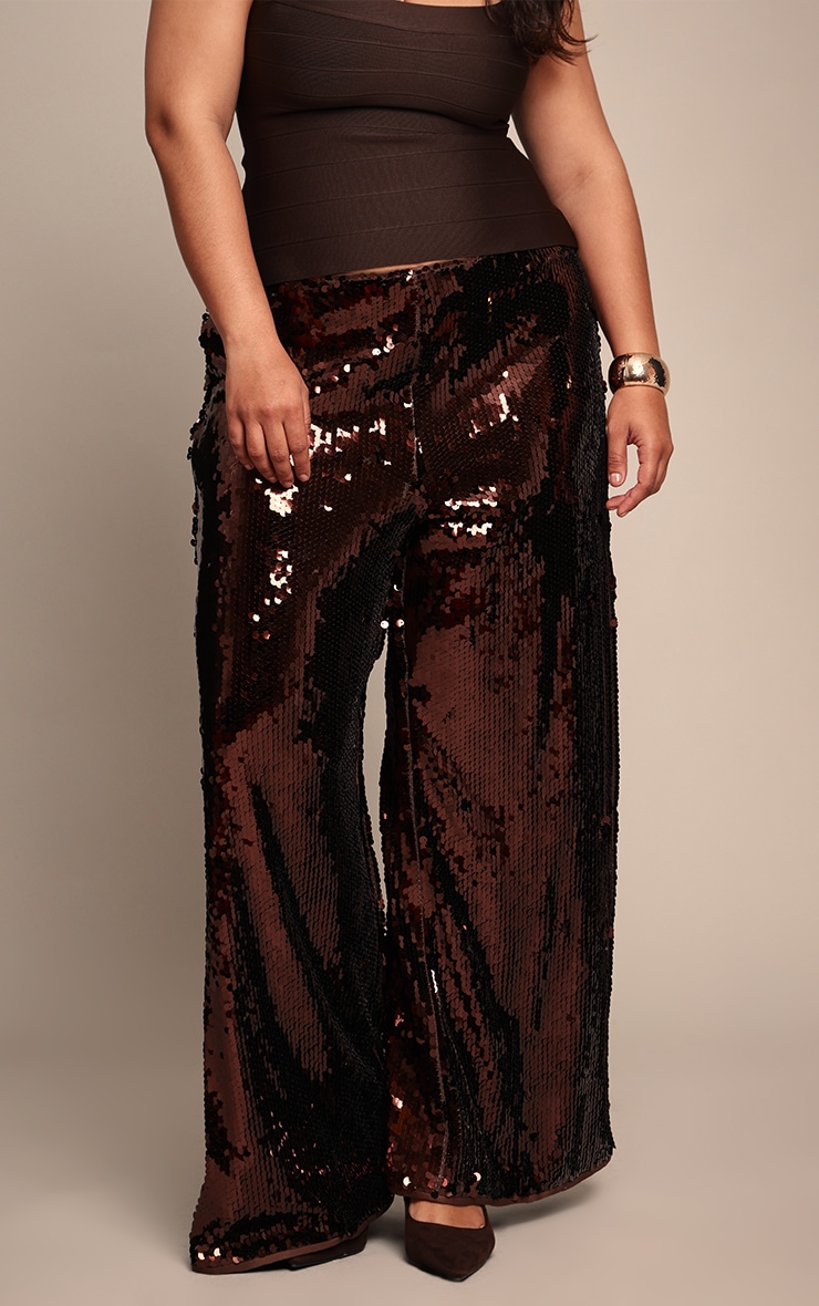 Plus Dark Chocolate Sequin Wide Leg Floaty Pants image 2