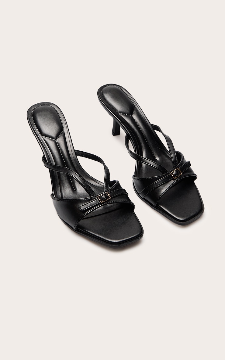 Black Faux Leather Buckle Detail Heeled Mules image 3