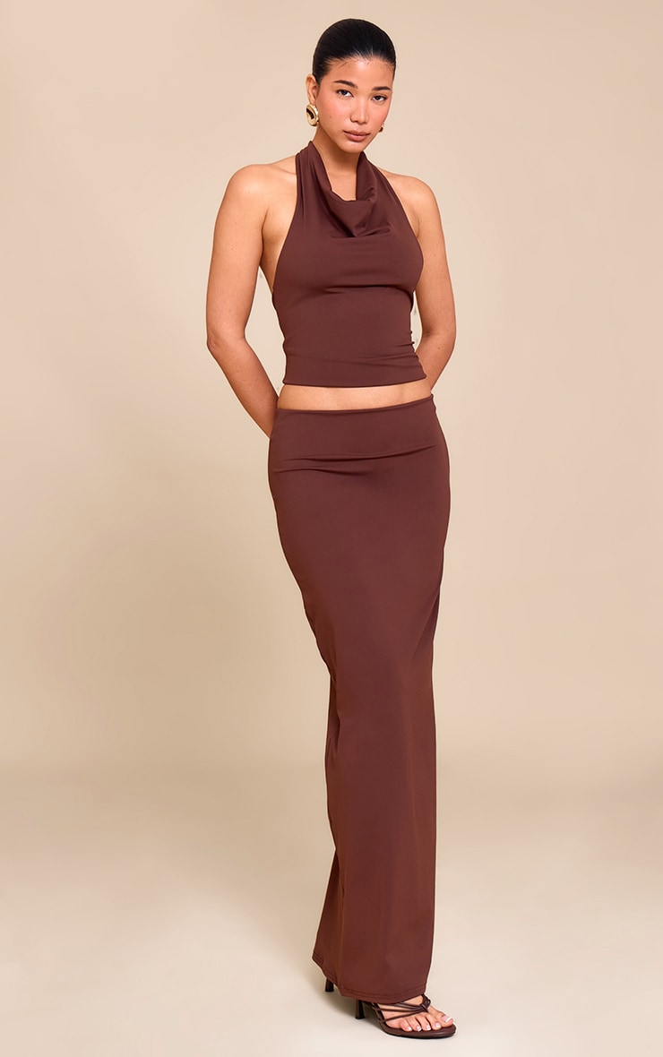 Chocolate Brown Matte Sculpt Halterneck Gold Detail Backless Top image 3