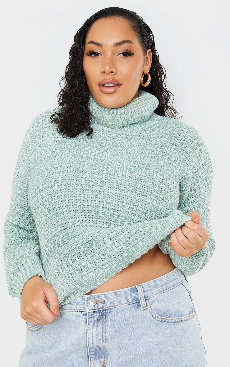 Plus Sage Green Fisherman Knit Roll Neck Jumper