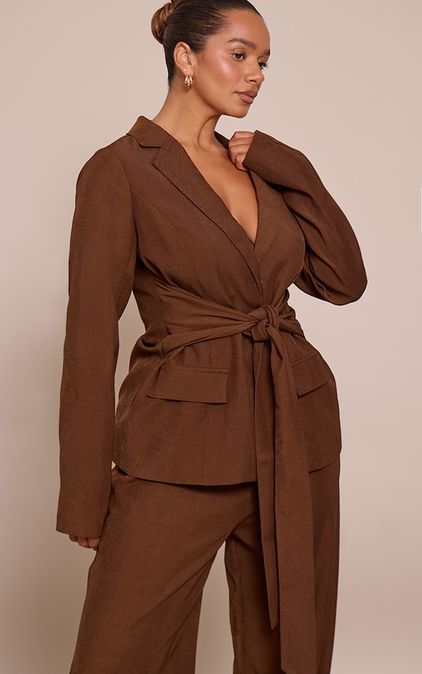 Shape Chocolate Tie Detail Cinched Waist Blazer