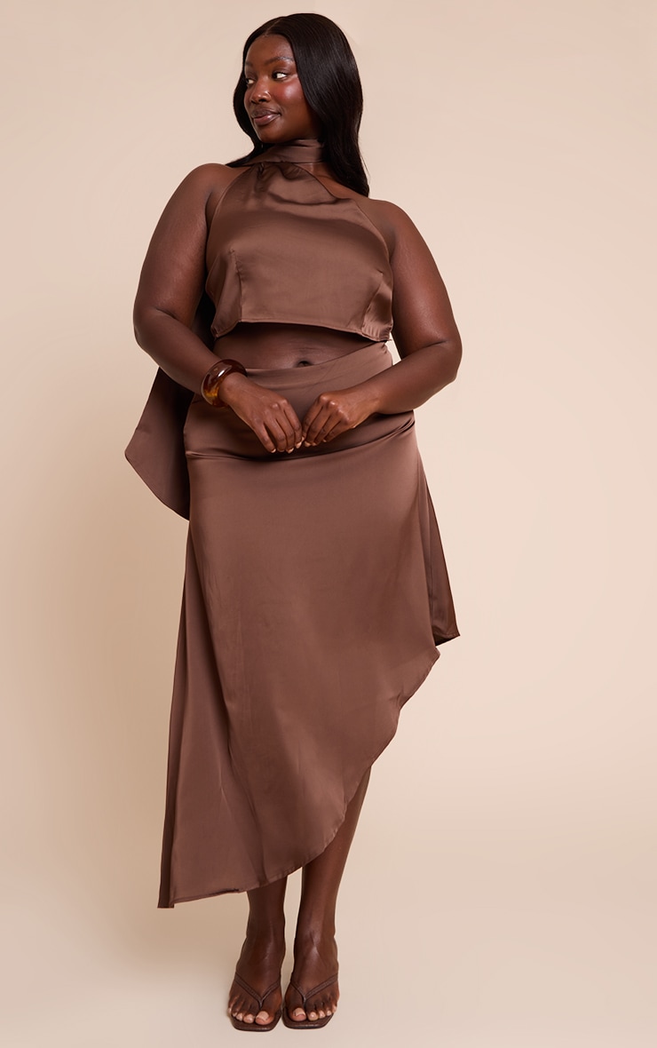 Plus Dark Brown Printed Satin Scarf Detail Crop Top image 3