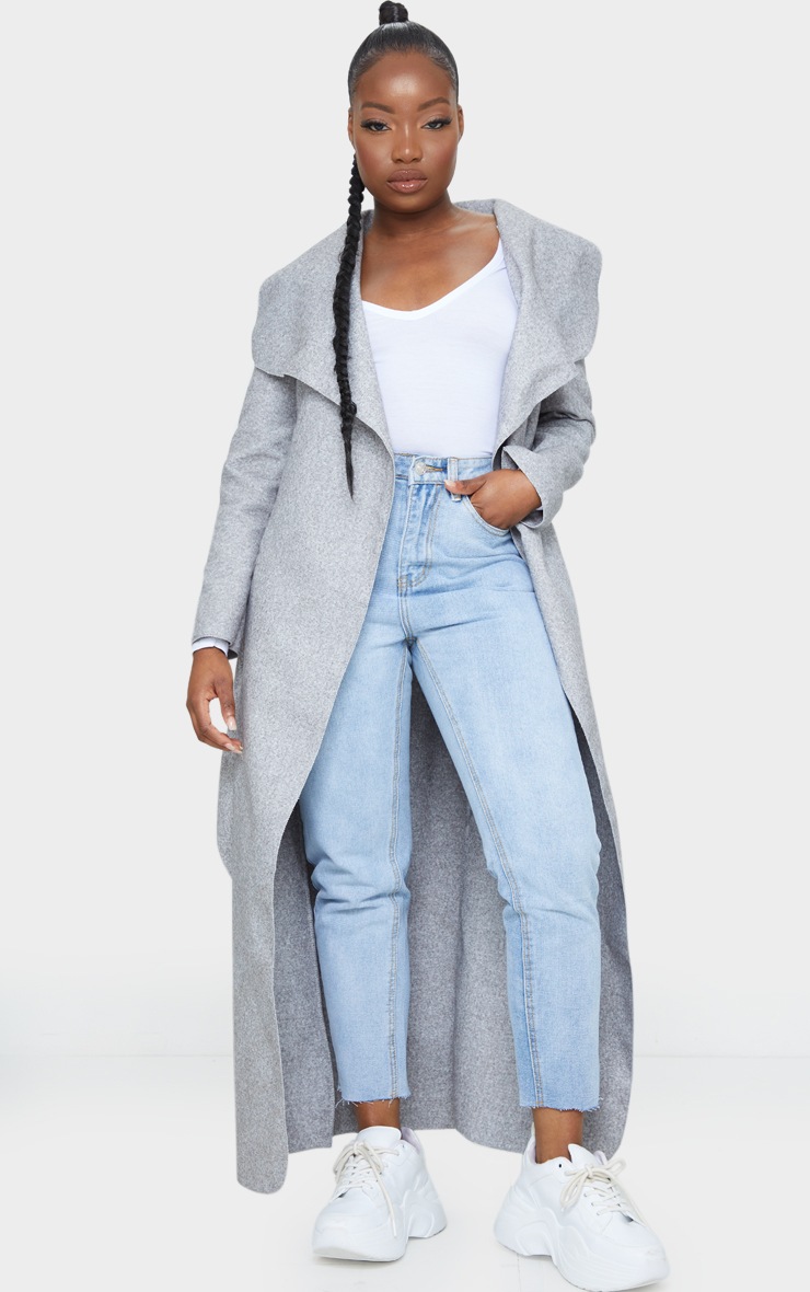 Petite Grey Maxi Length Oversized Waterfall Belted Coat