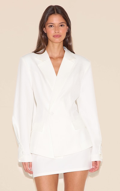 White Woven Cinched Waist Fitted Blazer