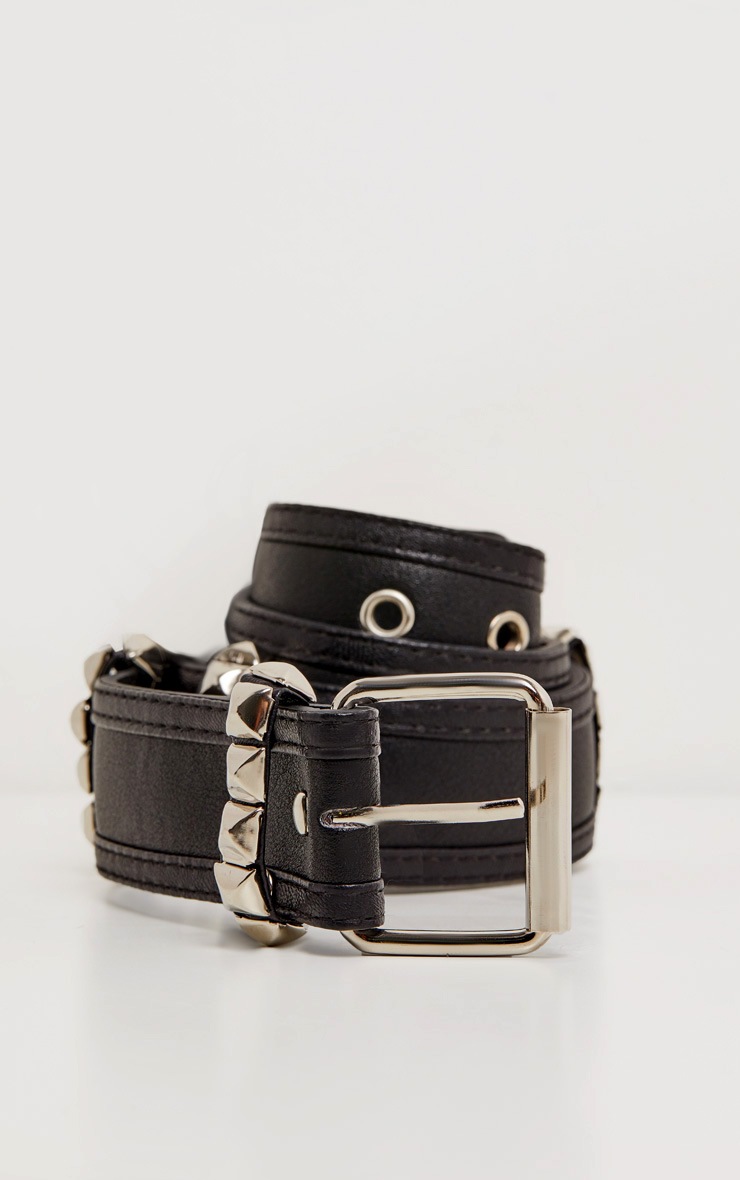 Ceinture noire en similicuir à passants argentés cloutés