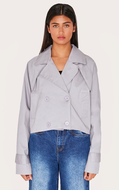 Grey Cropped Storm Flap Detail Trench Coat