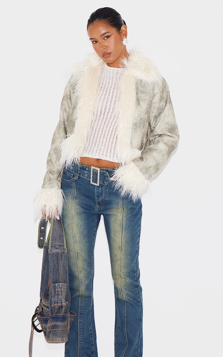 Grey Distressed PU Faux Fur Cuff And Collar Jacket image 4