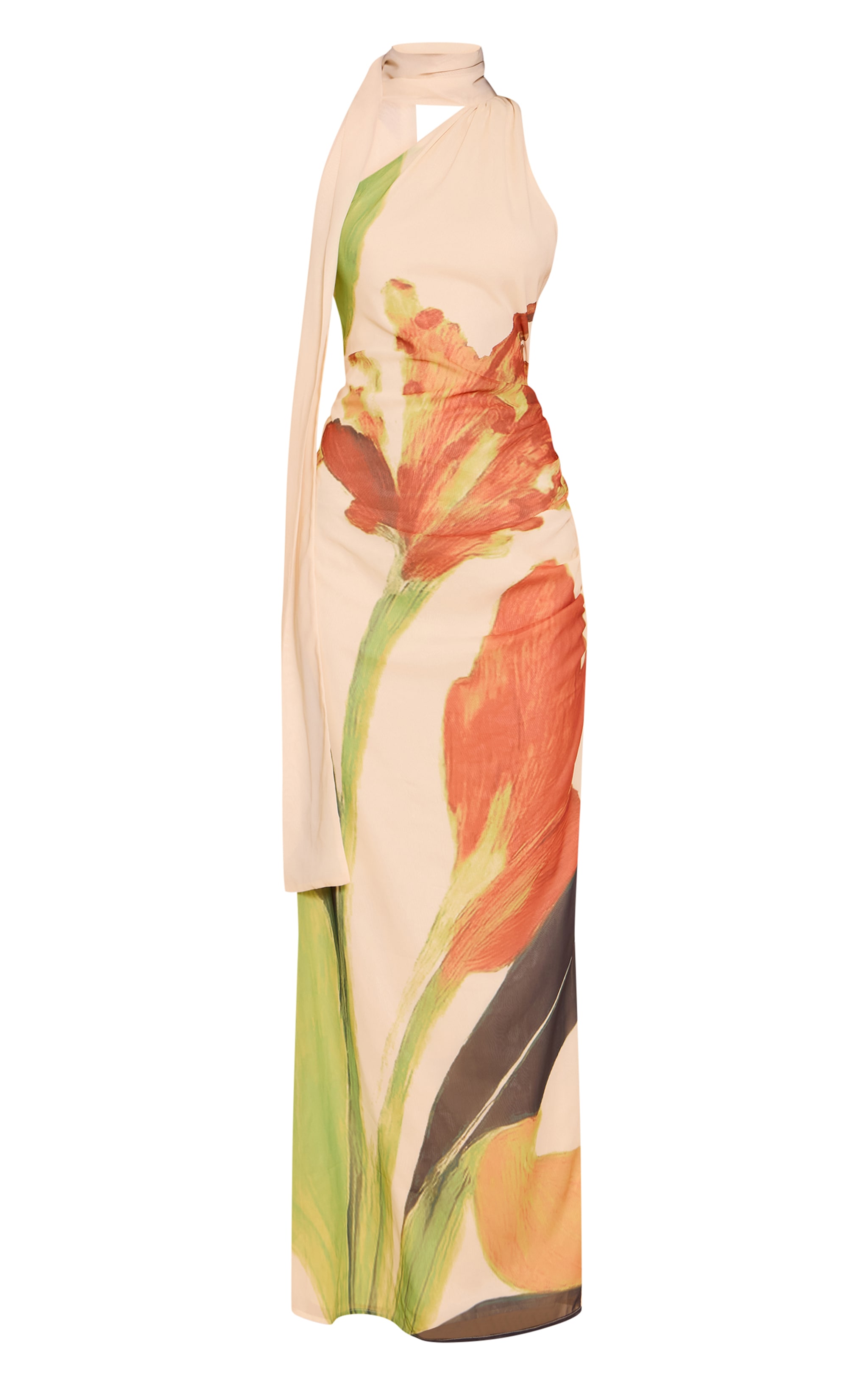 Robe longue en mousseline de soie crème fleurie à col montant image 5