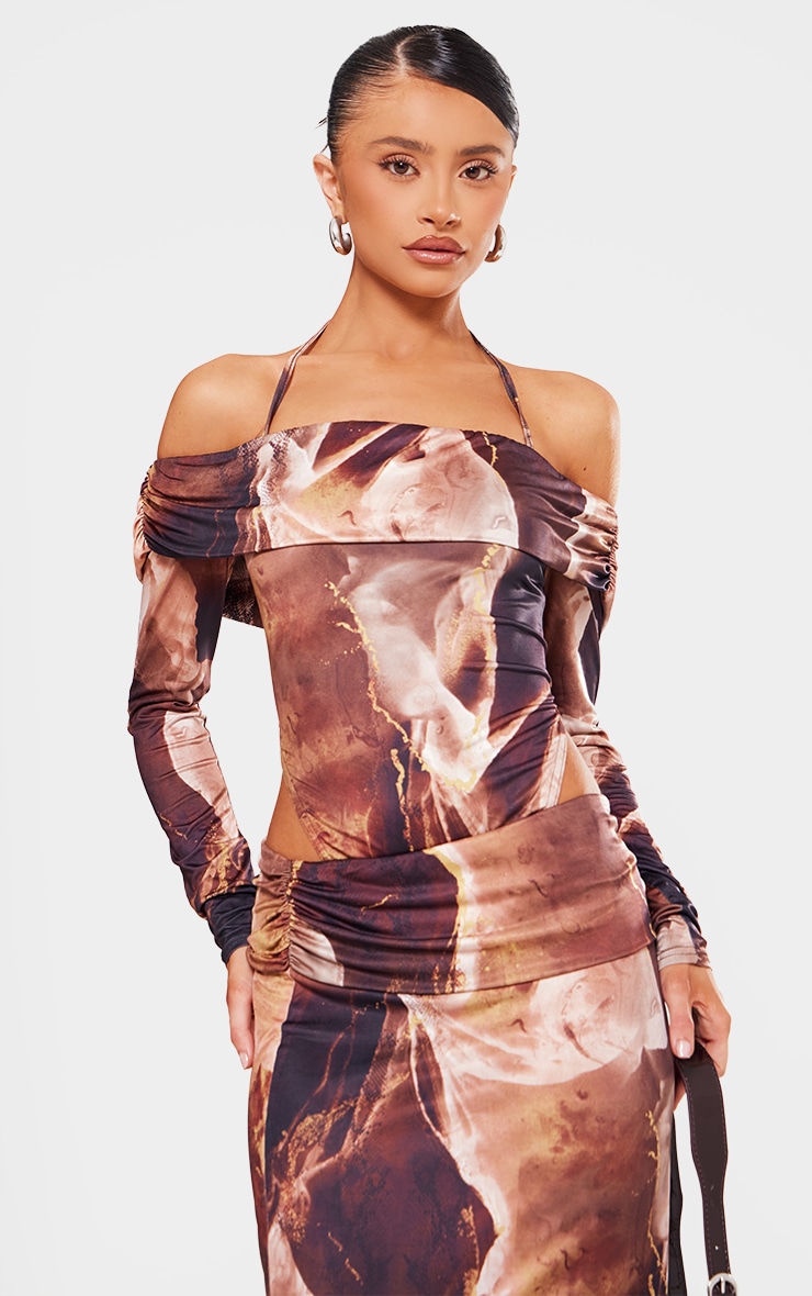 Petite Brown Slinky Bardot High Cut Bodysuit