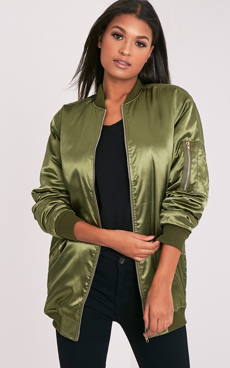 Cruz Khaki Satin Longline Oversized Bomber Jacket | PrettyLittleThing