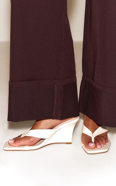 Cream PU Toe Thong High Heeled Mule Wedges