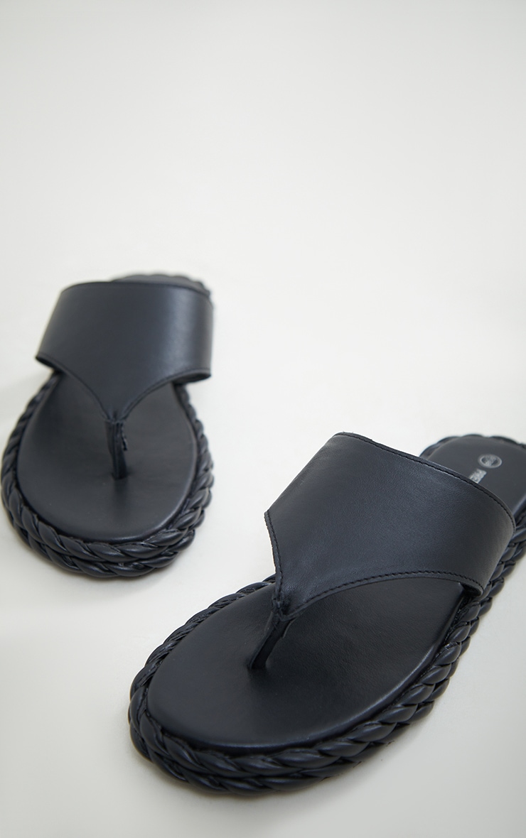 Real Leather Black Round Rope Edge Thong Strap Sandals image 3