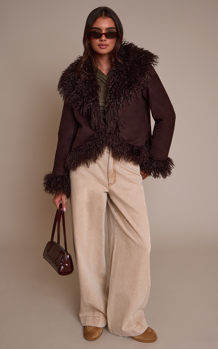 Dark Chocolate Faux Suede Trim Detail Coat image 3