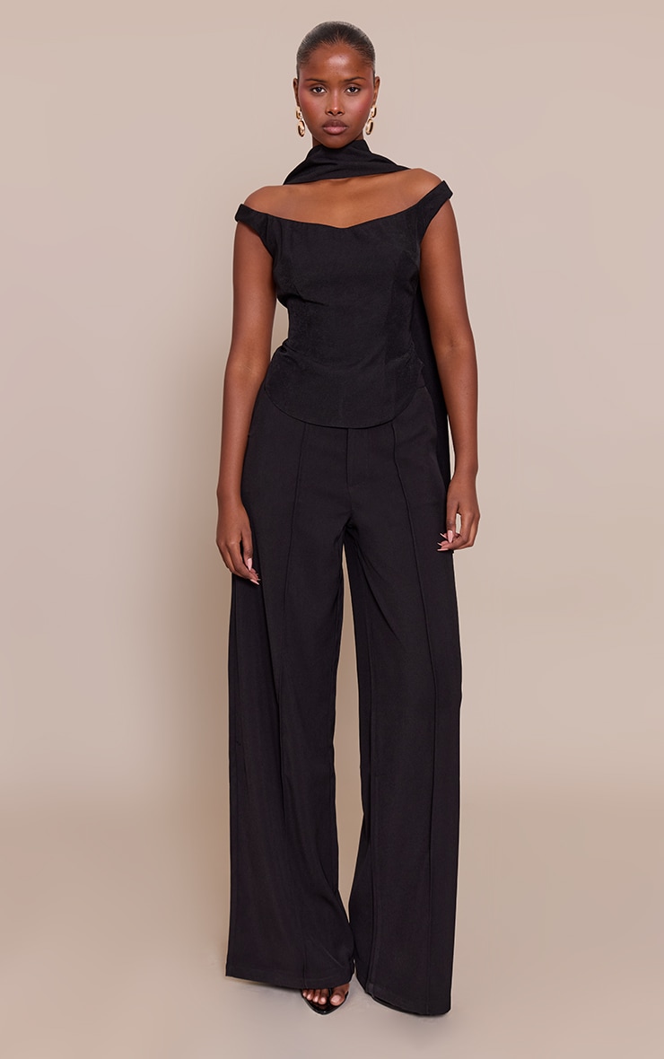 Top bardot tissé noir à détail foulard et ourlet incurvé image 3