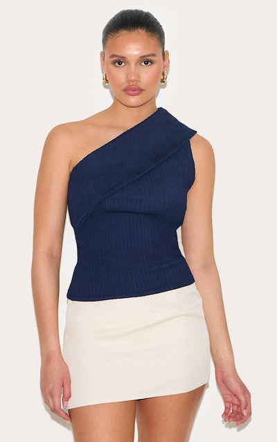 Navy Textured Fold Over One Shoulder Long Top